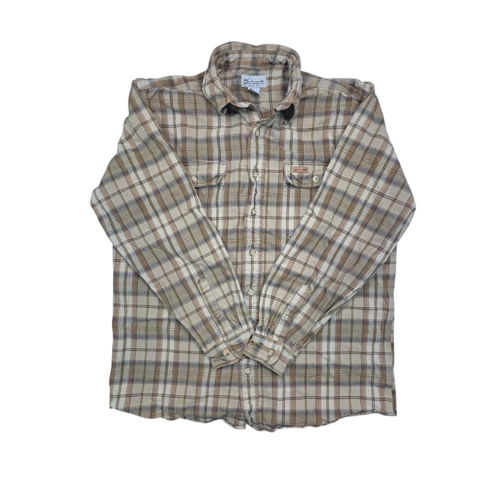 Vtg Carhartt Mens Large Tall Long Sleeve Button Cotton Brown Plaid Flannel Shirt